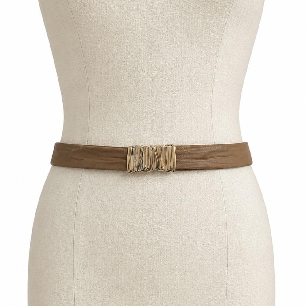 Leather Waist‎ Belt Womens Medium Tan Gold Sculptural Buckle Vintage Style